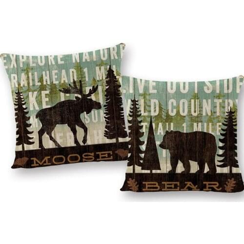 Deer Elk Bear Animals Cushion Covers Vinatge Style Forest Tree Decorative Pillow Case 45X45cm Home Decor