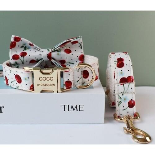 Free Engrave Dog Collar Leash Set For Medium Big Pet Necklace With Bow Tie Fruit printing Pet supplies Christmas gift
