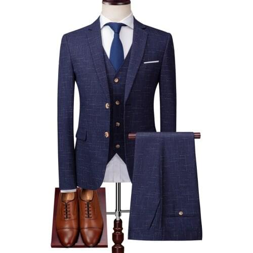 Jacket + Vest + Pants ) High-end Brand Luxury Dark Lattice Business Mens Slim Suit Groom Wedding Dress Tuxedo Banquet Clubmen