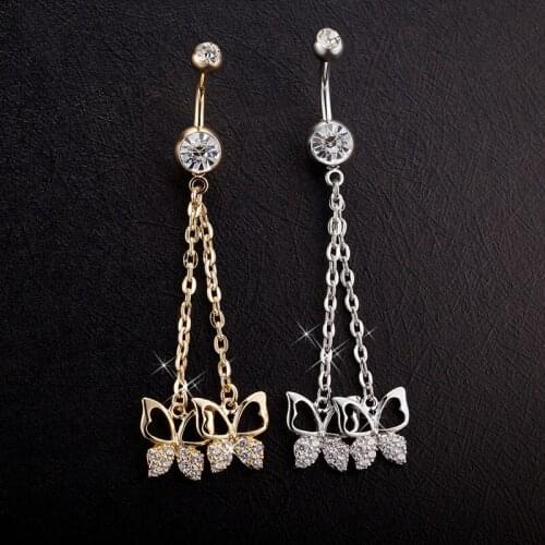 Sweet Fashion Crystal Butterfly Tassel Navel Ring Cute Stainless Steel Piercing Belly Button Rings Body Jewelry Gifts