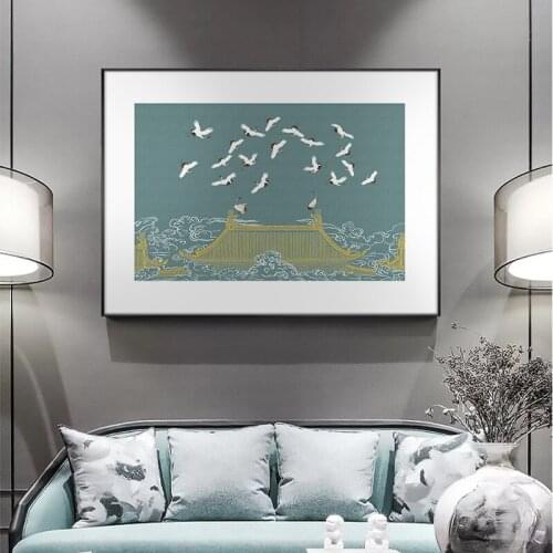 Traditional Chinese Style Gold Building Zen Crane Canvas Painting Posters and Print Wall Art for Living Room Home Office Decor