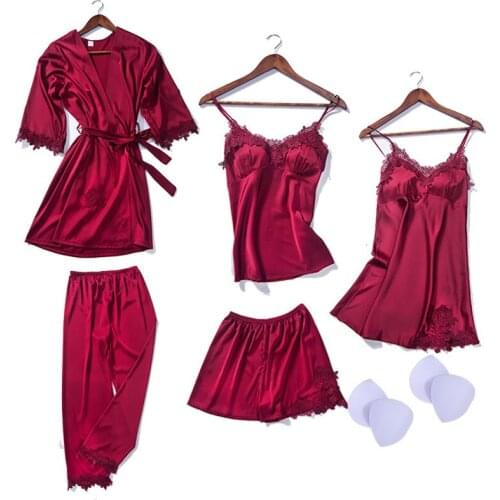 Sexy 5PC Pajamas Kimono Robe Womens Strap Top Pants Suit Sleepwear Sets Summer Female Home Wear Nightwear Bath Gown Bathrobe