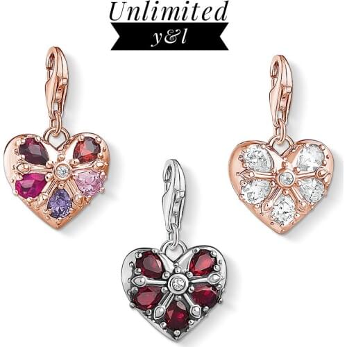 Heart Love Charm for Jewelry Making 925 Sterling Silver Rose Gold Colorful CZ Pendant Jewelry Fit Thomas Style Bracelet Necklace