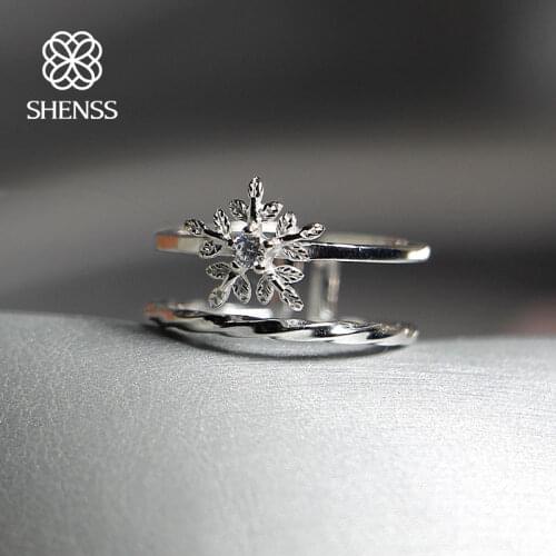 SHENSS Elegant Quality 925 Silver Rings Sweet Zircon Double Open Snowflake Ring SR0030