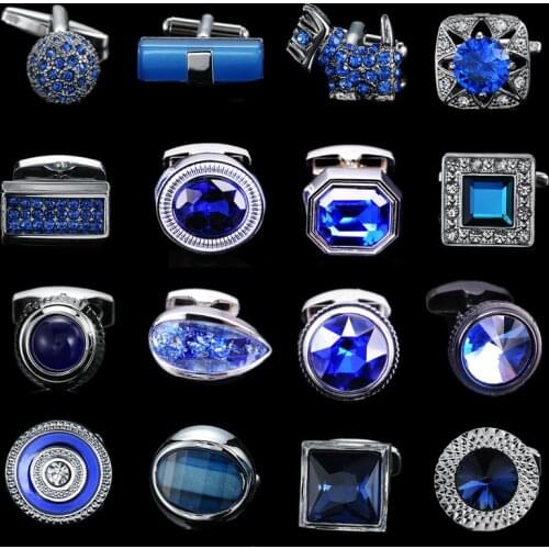 High grade luxury crystal mens Cufflinks summer new classic style high quality brass Blue Enamel French Cufflinks