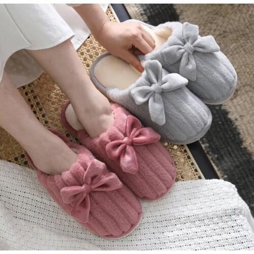 Women Winter Home Slippers Cartoon Warm Shoes Non-Slip Soft House Bowknot Indoor Bedroom Lovers Couples Floor