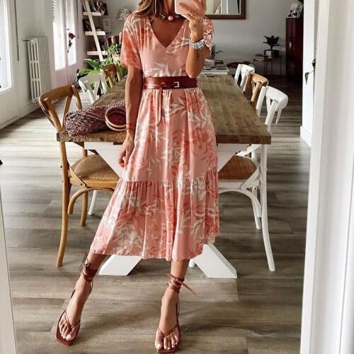 Pary Dress With Belt Sashes Women Summer Short-sleeved Dress Fashion Printing Female Casual Full-length Slim Fit