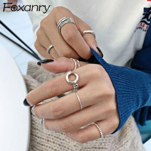 Foxanry Minimalist 925 Sterling Silver Finger Rings for Women INS Fashion Hollow Multilayer Circle Geometric Party Jewelry Gifts