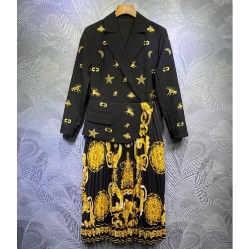 2021 Spring New Designer womens print pleated High quality embroidery tailored collar dress C284