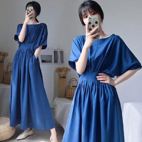 Vintage Long Dress Women Solid Color Short Batwing Sleeve Slim Waist Dresses Korean Chic Office Lady Casual Vestidos