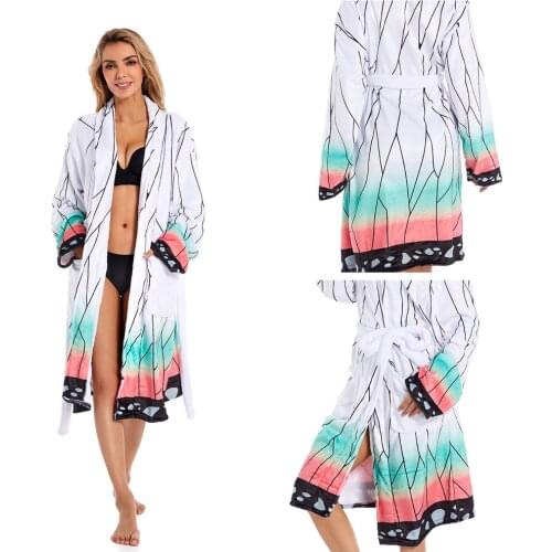 Anime Demon Slayer Kochou Shinobu Cosplay Bathrobe Cloak Cape Adult Long Robe Pajamas Swimwear Costume