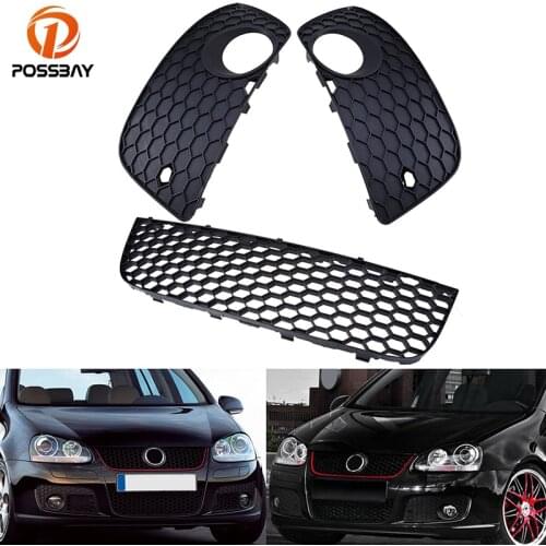 POSSBAY 3 Pcs Car Black Front Center Bumper Fog Light Lamp Cover Lower Grille For VW Golf MK5 GTI 2004 2005 2006 2007 2008 2009