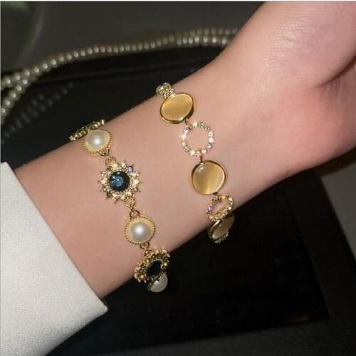 Nanny Summer Fashion Women SUNFLOWER Bracelet Round Pearl Opal High Quality Vintage Beads Bracelet Golden Charm Jewelry Gift