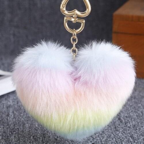 Colorful Heart Pompoms Keychain Rainbow Plush Balls Key Chains Decorative Pendant Women Bag Accessories Keychains Car Keyring