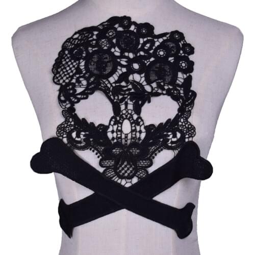 1Pc Black Skull Embroidery Lace Fabric Applique Venise Neckline Collar Lace Fabric For Needlework Decoration BW086