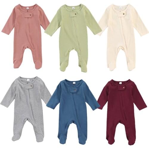 Newborn Baby Girl Boy Clothes Solid Color Romper Infant Long Sleeve Round Neck Zip-up Footed Jumpsuit