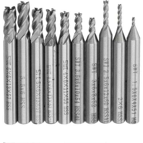 10pcs 1.5-6mm HSS 4 Flute End Mill Cutter 6mm Straight Shank CNC Drill Bit Set