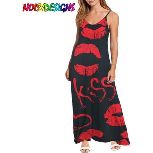 NOISYDESIGNS Long Dress Women Summer Sleeveless Dress V-Neck Casual 3D Pattern Lipstick Kisses Red Print Vestidos 2021Vestios