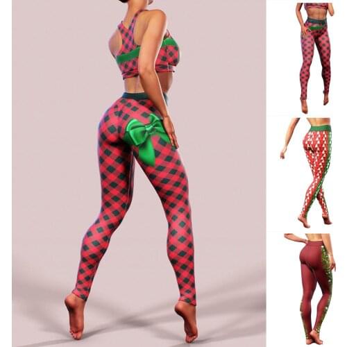 2021 New Women Christmas Bow Stretch Print Sports Leggings Yoga Pants Trousers High Quality