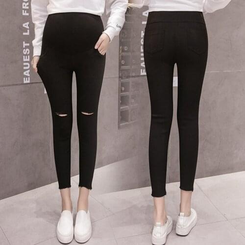 Autumn pregnant women stretch pants hole high waist stomach lift pants maternity clothes pregnant women feet pants