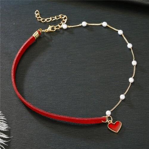 1PC Korea Simulated Pearl Pendant Necklace Women Short Collar Choker Red Heart Necklace for Female Rope Chain N51