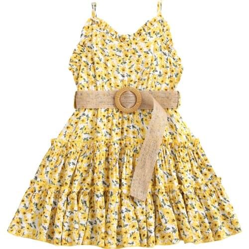 New Girl’s Casual Suspender Dress with Belt Fashion Floral V-neck A-line Princess Dress