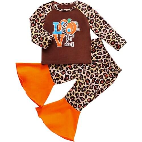 Pudcoco 2 Piece Halloween Baby Top Pants Suit Letter Leopard Patchwork Printed Full Length Regular Sleeve T-shirt Flare Trousers