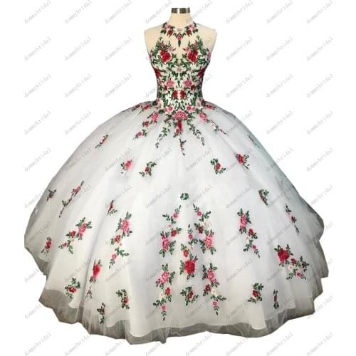 Romantic Floral Flowers Sheer Neck Princess Dresses for xv 15 Years 2021 Keyhole White Ball Gown Quinceanera Formal Prom Dress