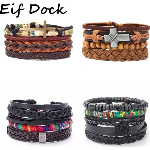 Vintage Ethnic Tribe Cross Charm Link Alloy Handmade Woven Men Leather Bracelets Women DIY Bangle Male Jewelry Accessories