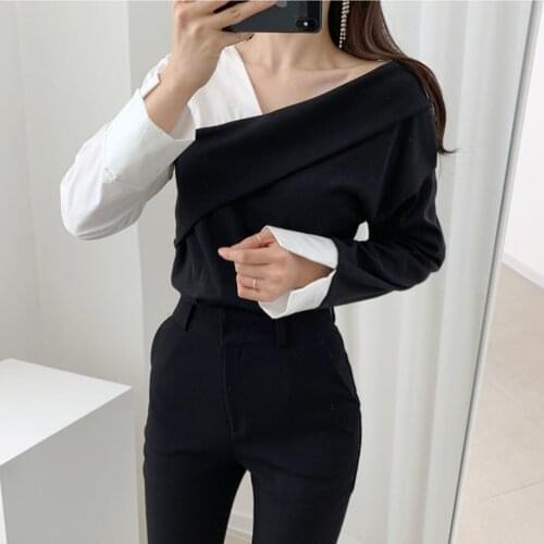 2021 Spring New Korean Fashion Women Blouses and Shirt With Long Sleeve Top Elegant Blouse Patchwork V Neck Plus Size Shirts