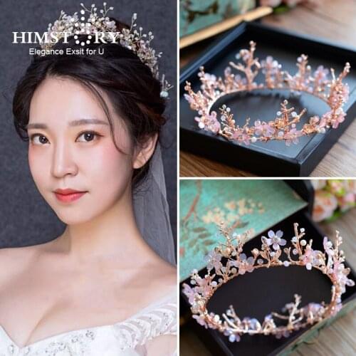 HIMSTORY Vintage Princess Flower Branch Crystal tiara Pink Rhinestone Bridal Hair Jewelry Wedding Queen Pageant Tiaras