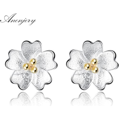 ANENJERY 925 Sterling Silver Cheery Flower Earrings Sweet Simple Earrings For Women Girl brincos S-E209