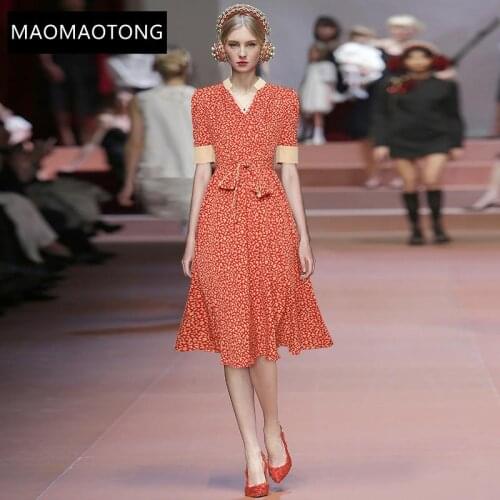 Womens Clothing Fashion Designer Summer New Midi Dress Women V-neck Short sleeve Floral print Belt Elegant Party Dress