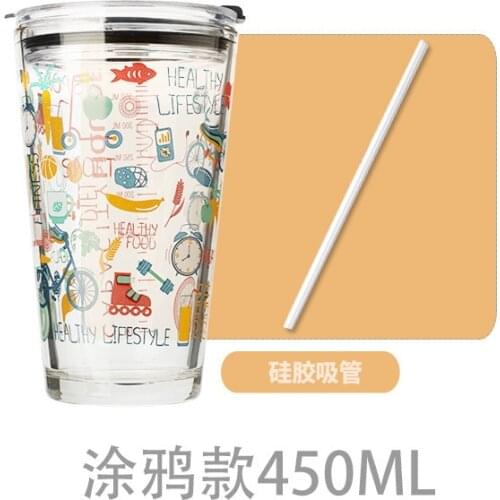 450ml large graffiti cup Office home student Graduated cup straw Breakfast juice coffee milk cup Net red creative glass
