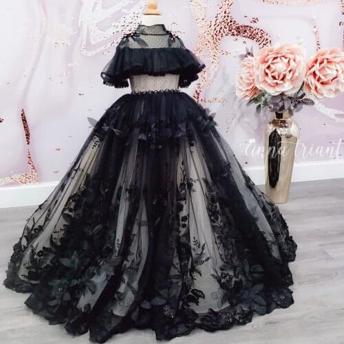 High Neck Black Flower Girl Dresses For Wedding Lace Pearls Girls Pageant Gowns Birthday Wear First Communion Dress