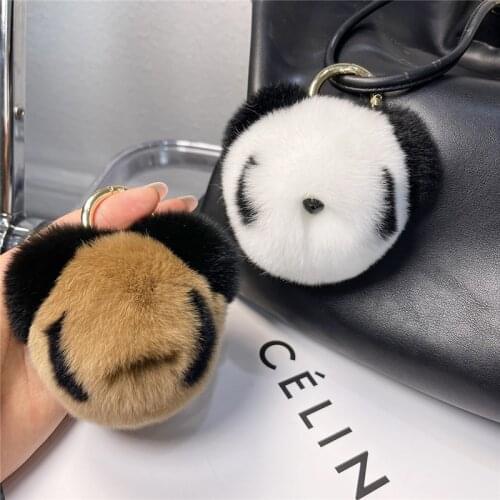 Cute Mini Panda Toy Real Rex Rabbit Fur Keychain HandBag Charm Pendant Trinket Women Car Key Metal Ring Ornaments Plush Gift