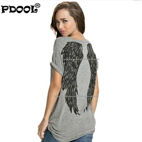 PDOOL T Shirt Women 2021 Summer Tees Angel Wings Back Printing Left Shoulder Roll Sleeve Loose Top T-shirts Womens Clothing