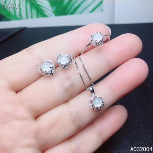 KJJEAXCMY Fine Jewelry 925 sterling silver inlaid natural jadeite female ring pendant earring set luxury supports detection