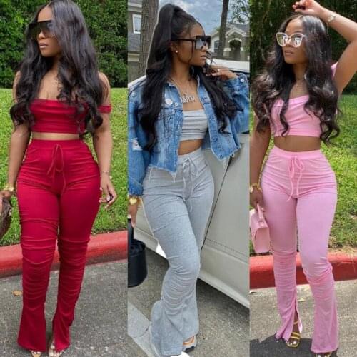 New Two Peices Set For Women Outfits Summer 2021 High Waisted Stacked Pants Sexy Slash Neck Top Plus Size Leggings Female S-XXXL