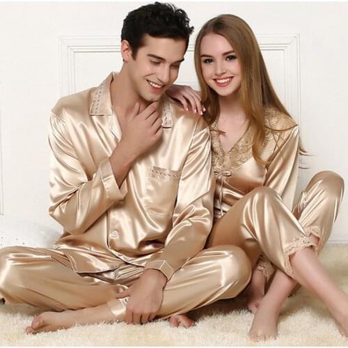2 PCS Ladies Sexy Silk Satin Women Pajama Set Women Gold Pyjama Set Man Sleepwear Lace Spring Sleep Suit Long Home Clothes