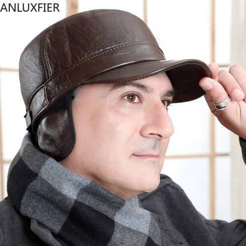 H6938 Leather Hat Middle-aged Elderly Mens Winter Baseball Cap Genuine Leather Cowhide Flat Top Male High Quality Fashion Hats