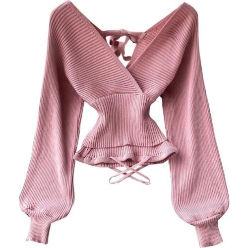 WIGADFHK 2021 Fashion Sexy Cross V-Neck Womens Sweaters Autumn Winter Bottoming Slim Female Jumper Casual Solid Tops