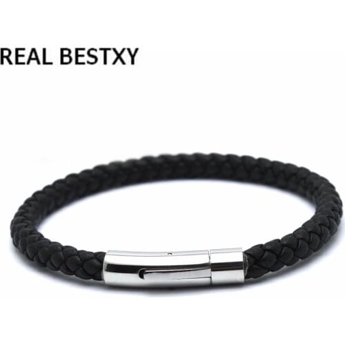 REAL BESTXY 2020 Punk super fiber Leather Bracelet Men Vintage Cuff Bangle stainless steel Buckle Wristband Male Jewelry Black