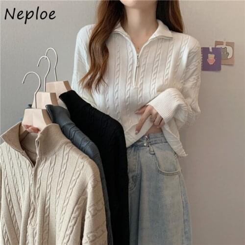 Neploe 2021 Autumn New Half Zipper Stand Collar Female Tops Long Sleeve Woman Sweaters Short Bottoming Pullover Top Women