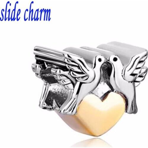 Slide charm Free shipping genuine silver color beads fit Pandora bracelets love dove charm bracelets and jewelry accessories