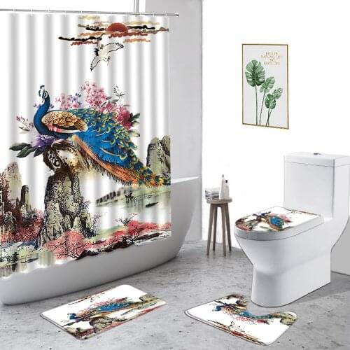 3D Chinese Style Flower Bird Landscape Shower Curtains Peacocks Peony Mountain Water Lotus Natural Scenery Bathroom 4-Piece Set