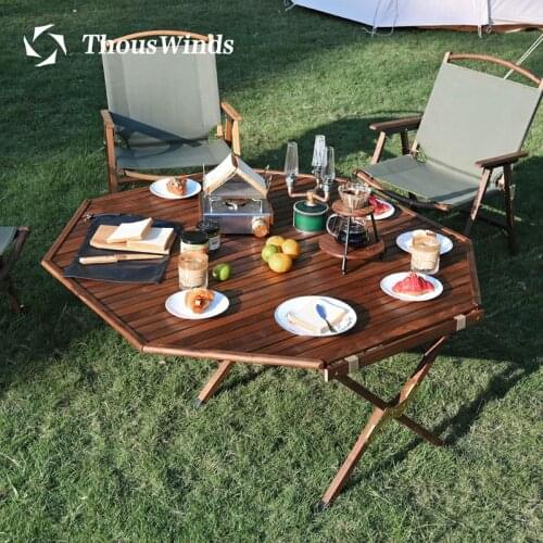 Thous Winds Outdoor Solid Wood Octagonal Egg Roll Table Camping Picnic Oversized Folding Table Black Walnut Teak Table