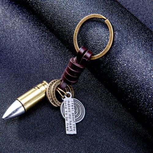 Alloy Vintage Antique Bronze Bullet Key Rings Braided Cowhide Pendant Keychain Punk Men Jewelry Gift For Friends 10PCS