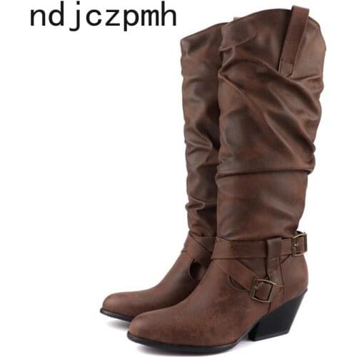 Womens Boots Autumn And Winter New fashion Round head belt buckle Thick heel mid heel High tube Womens shoes plus size 34-48