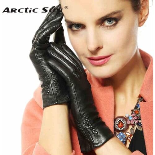Women Black Touch Leather Gloves Winter Fashion Touchscreen Genuine Goatskin Driving Glove Plus Warm Velvet Top Sale L013NC2